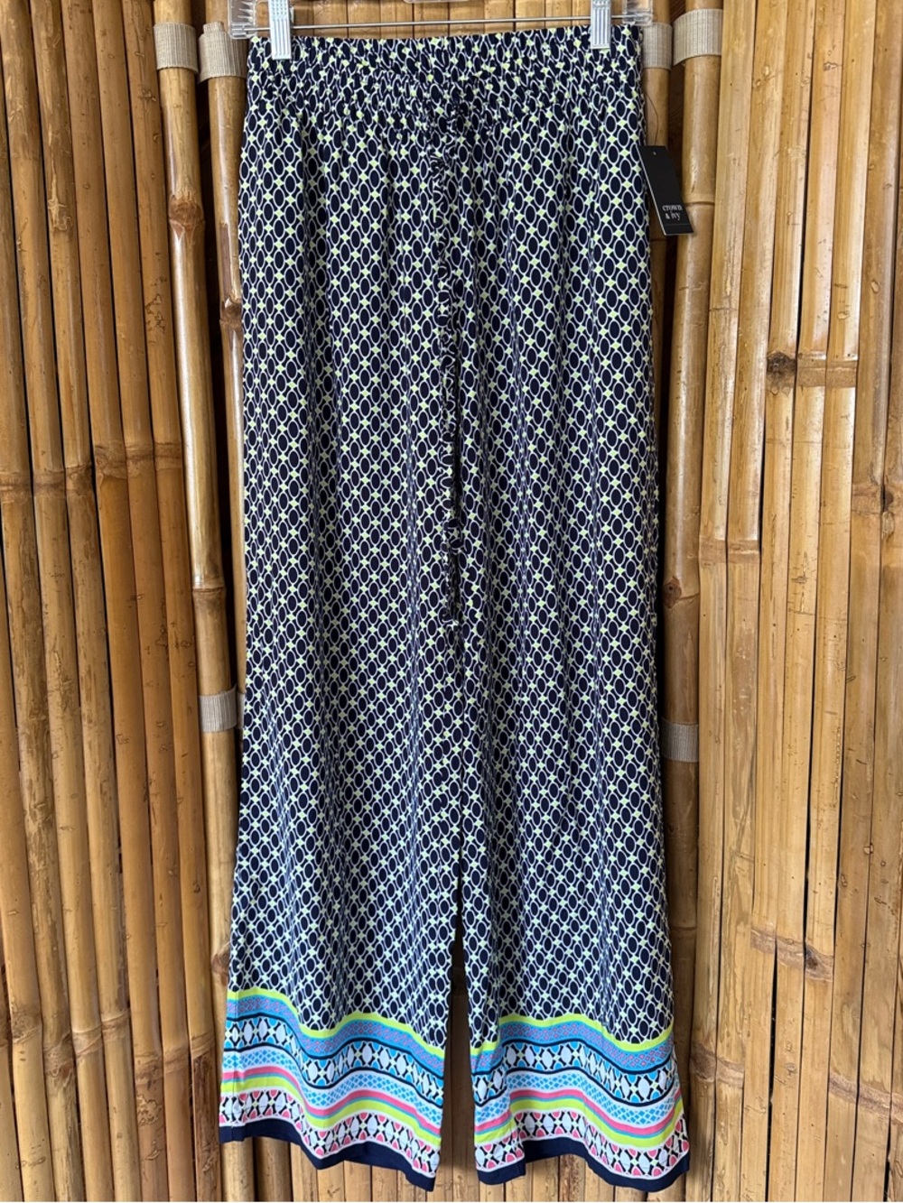 crown & ivy Navy and White Wide Leg Printed Pants with Colorful Hem NWT